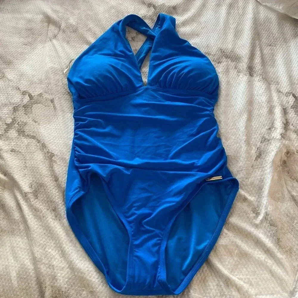 MICHAEL Michael Kors High Neck Shirred Cross Front One Piece Swimsuit - Picture 4 of 8
